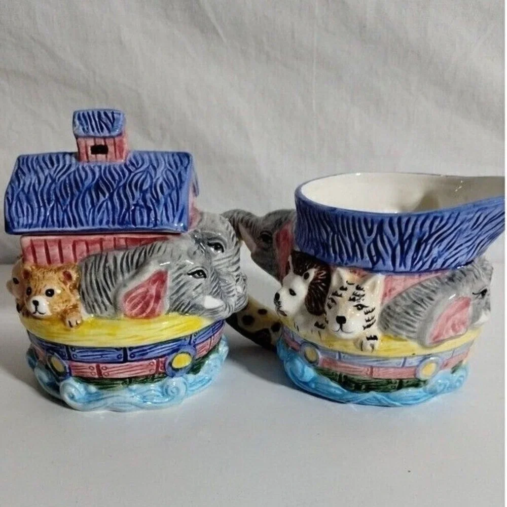 Jay Import Noahs Ark Ceramic Creamer and Sugar Bowl Set Elephant Handle Multi